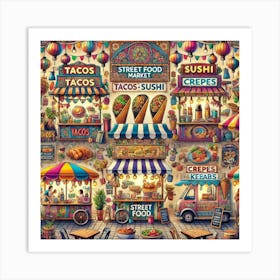 Global Street Food Market Printed Art A Lively Illustration Of A World Street Food Market, Perfect For Bringing A Multicultural And Energetic Atmosphere To Any Restaurant Space Printed Art Art Print