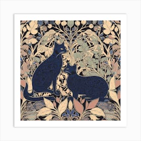 William Morris Classic  Inspired  Cats Blue Square Art Print