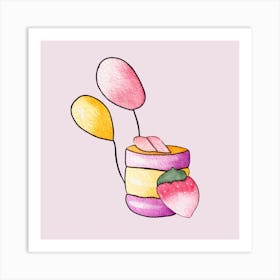 Strawberry Cupcake And Balloons Square Art Print