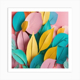 Paper Leaves On A Pink Background Art Print