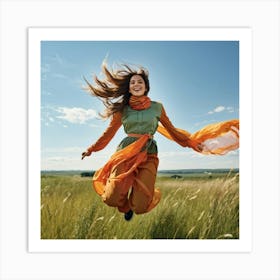 A Youthful Female Exuding Vitality Engaged In Jumping With Unrestrained Joy Sporting Healthy Slim (2) Art Print