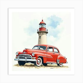 Retro Vehicle In Front Of A Historic Lighthouse, Watercolor Painting 1 Art Print