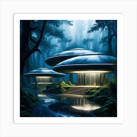 Forest Night Rain Interior Lit Entrances To Alien Spaceship Corridors Fumes From Outdoor Air Con Art Print