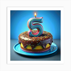 Chocolate Birthday Cake With Number Five Candle Art Print