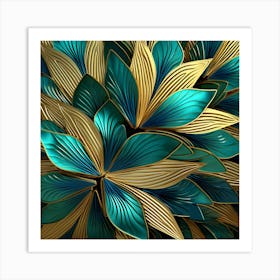 Abstract Blue And Gold Leaves Art Print