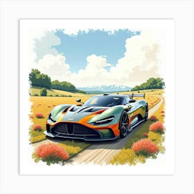 Aston Martin Valkyrie Amidst A Colorful Watercolor Landscape, No Logos Art Print