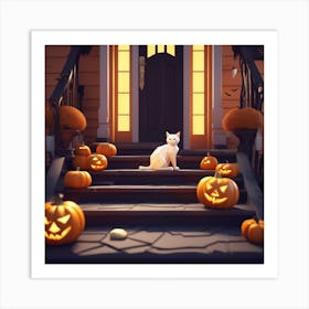 Halloween Cat In Front Of House 14 Art Print