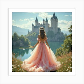 Gorgeous Woman In Watercolor Gown, Enchanting Castle Backdrop 1 Art Print