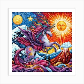 A Unicorn With Colorful Streaks Of Ribbon With Purple Feathers Sun And Moon And Star In A Volcano Of Red Van Gogh Style 3 Art Print