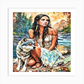 Native American Girl With Wolf-Drucke 09.12.2024--01-aa Art Print