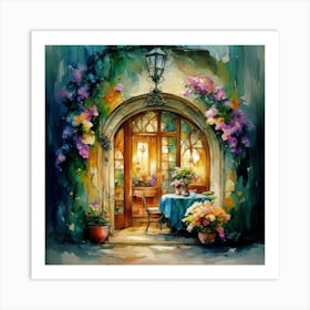 Quiet and attractive dining nook, overgrown flowers, high quality, detailed, highly 3D, elegant carved cart, 5 Art Print