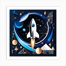 Space Rocket, Rocket blasting off over mountains and stars, Rocket wall art, Children’s nursery illustration, Kids' room decor, Sci-fi adventure wall decor, playroom wall decal, minimalistic vector, dreamy gift Art Print