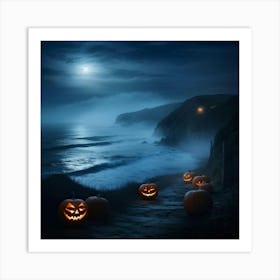 Ghostly Jack O Lanterns Glowing Eerily Beside A Winding Coastal Path Mist Hovering Over The Ocean 2 Art Print