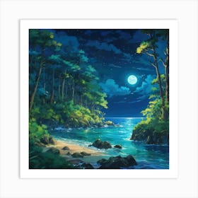 Night Scene With River and Trees Art Print