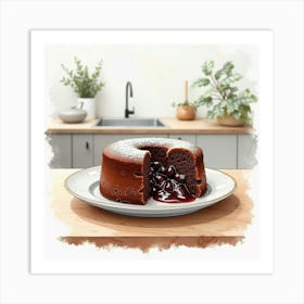 Watercolor Depiction Of A Classic And Indulgent Chocolate Lava Cake On A Modern Kitchen Table Art Print