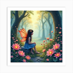 Fairy Garden With Glowing Blossoms, Watercolor 1 Art Print