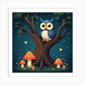 A Wise Owl Perched On A Twisted Tree, Surrounded By Glowing Mushrooms And Fireflies Art Print