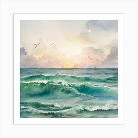 Tranquil Horizons A Serene Watercolor Of A Sunset Over A Gentle Ocean (2) Art Print