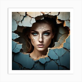 Portrait Of A Beautiful Woman In A Cracked Wall Art Print