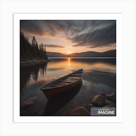 Sunset with a boat in the lake Art Print