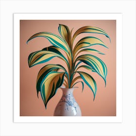 Vibrant Foliage Stylized Plant In Patterned Vase (3) Art Print