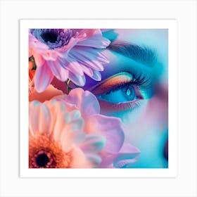 Neon, Pastel Portrait Of A Woman With Flowers Art Print