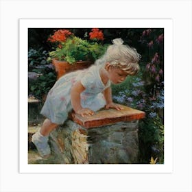 Little Girl Climbing A Wall Art Print