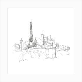 Paris Skyline Sketch, minimalist, line art, black and white. Art Print