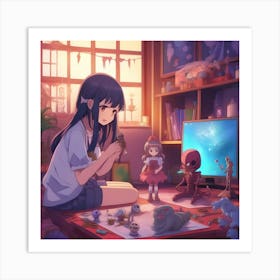 Anime Girl Playing With Toys Art Print