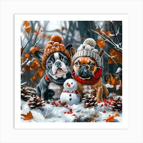 French Bulldogs With Snowman Art Print