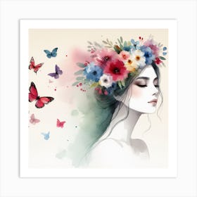 Girl With Butterflies IV Art Print