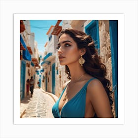 Tunis Street Sidi Bou Said, Beautiful Woman In blue Dress Art Print