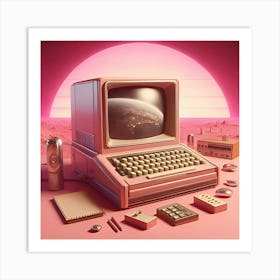 Old 1950s Computer On A Pink Background, Retro Futurism Art Print