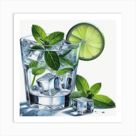 Minty Fresh: A Fresh and Cool Painting of a Cocktail Glass with Ice Cubes and Mint Leaves Art Print