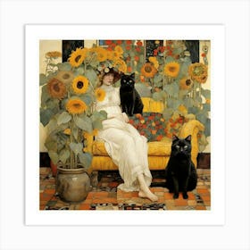 Two Black Cats And Sunflowers Art Print