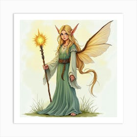 Serene Elf With A Shimmering Staff, Watercolor 1 Art Print