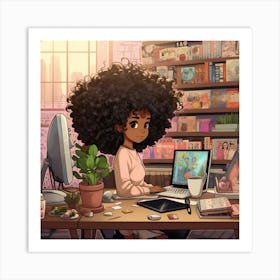 Afro Girl Working At Desk Art Print