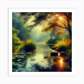 An Impressionist Style Watercolor Oil Painting Of A Tranquil Pond 2 Art Print