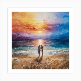 Couple Walking On Beach At Sunset Art Print