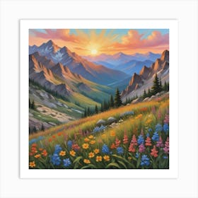 Sunset in the Mountains, Boho Landscape, Wildflowers Art Print 3 Art Print