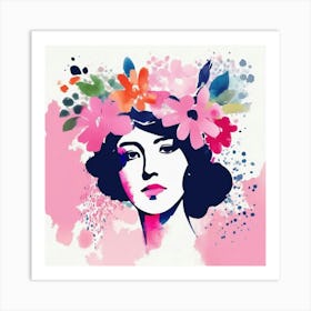 woman portrait with flowers head crown 5 Art Print