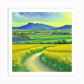 Peaceful Living A Farmhouse at Sunset Yellow Field Art Print