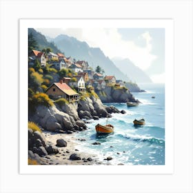 Traditional Fishing Village Along A Rocky Shoreline Art Print