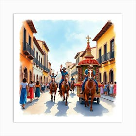 Watercolor Scene Of A Vibrant Spanish Parade With Colorful Floats Art Print