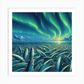 Sardines Dancing Under The Northern Lights In The Arctic Ocean, Style Realistic Oil Painting Art Print