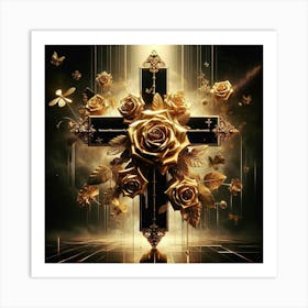 Gold Cross With Roses Art Print