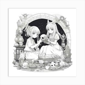 Two Girls Holding A Skull Art Print