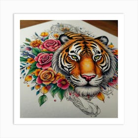 Tiger With Flowers Art Print