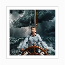 Entrepreneur Standing At The Helm Of A Sailboat Navigating Through Turbulent Yet Invigorating Art Print