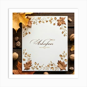 Autumn Themed Greeting Card Featuring Ornate Calligraphy Intertwining Richly Hued Maple Leaves And Art Print